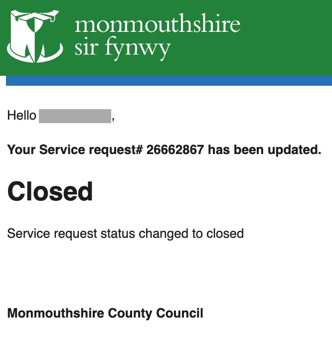 Monmouthshire County Council notification showing the service request status as Closed