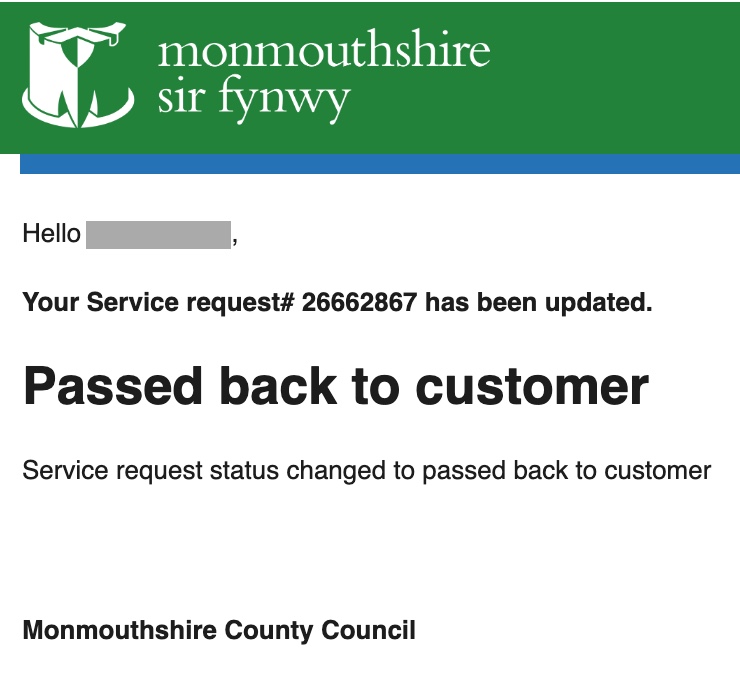Monmouthshire County Council notification showing the service request status as Passed back to customer